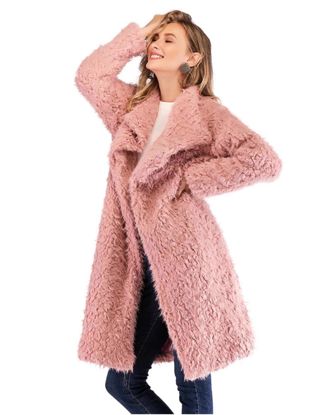 Fluffy Long Pink Faux Fur Coat - Women's Plush Winter Jacket